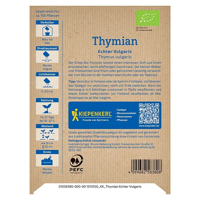 Kiepenkerl Bio Kräutersamen Echter Thymian - Thymus vulgaris - Abbildung einer Kiepenkerl-Samentüte mit Informationen zum Echten Thymian (Thymus vulgaris).