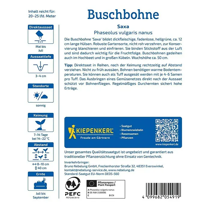 Kiepenkerl Gemüsesamen Buschbohne Saxa Vorteilspack - Phaseolus vulgaris nanus, Erntezeit: Juli - Das Bild zeigt eine Packung Buschbohnen (Saxa) Samen von Kiepenkerl mit Pflanzanweisungen und Informationen.