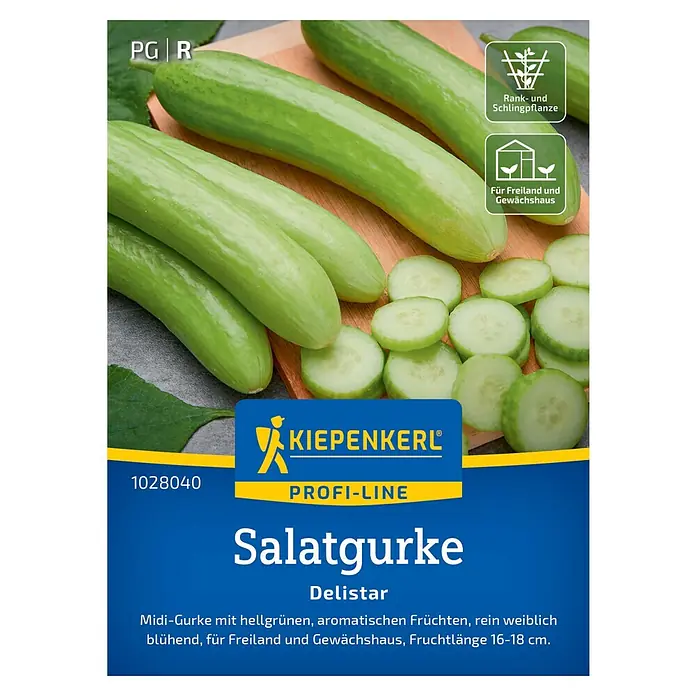 Kiepenkerl Profi-Line Gemüsesamen Salatgurke Delistar, F1 - Cucumis sativus, Erntezeit: Juni - Eine Packung Salatgurken-Samen der Sorte 'Delistar' von Kiepenkerl, ideal für den Anbau im Freiland oder Gewächshaus.