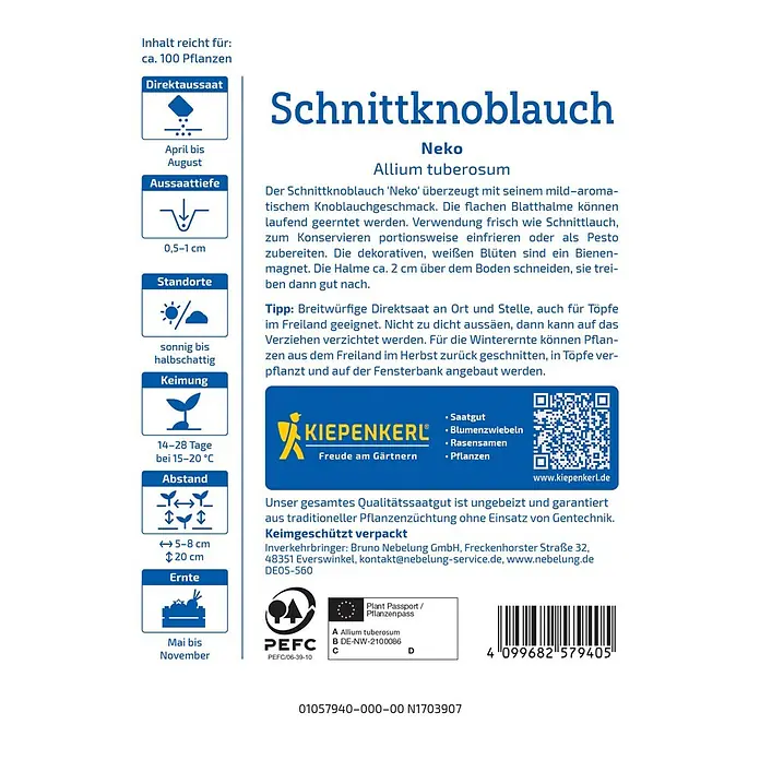 Kiepenkerl Kräutersamen Schnittknoblauch Neko - Allium tuberosum, Saatzeit: April, Erntezeit: Mai - Samenpackung Schnittknoblauch 'Neko' Allium tuberosum mit Aussaat- und Standortinformationen.