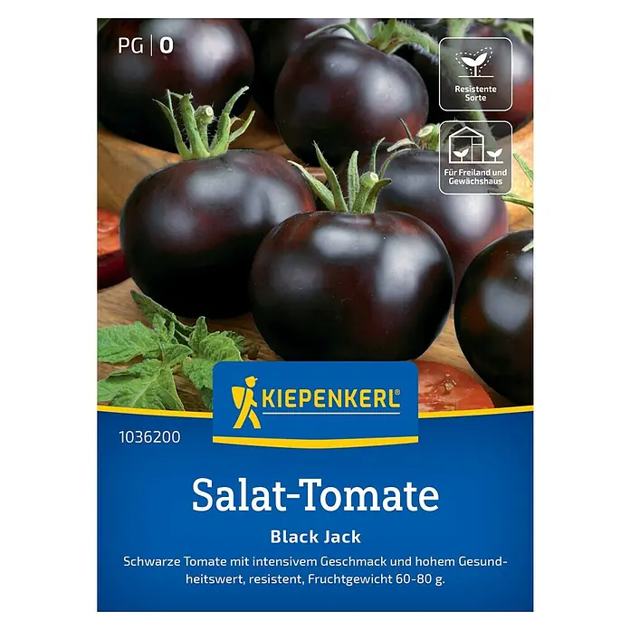 Kiepenkerl Gemüsesamen Salat-Tomate Black Jack, F1 - Solanum lycopersicum, Erntezeit: Juli - Samentüte der Salat-Tomate 'Black Jack' von Kiepenkerl. Dunkle Tomaten, resistent und ideal für Freiland/Gewächshaus.