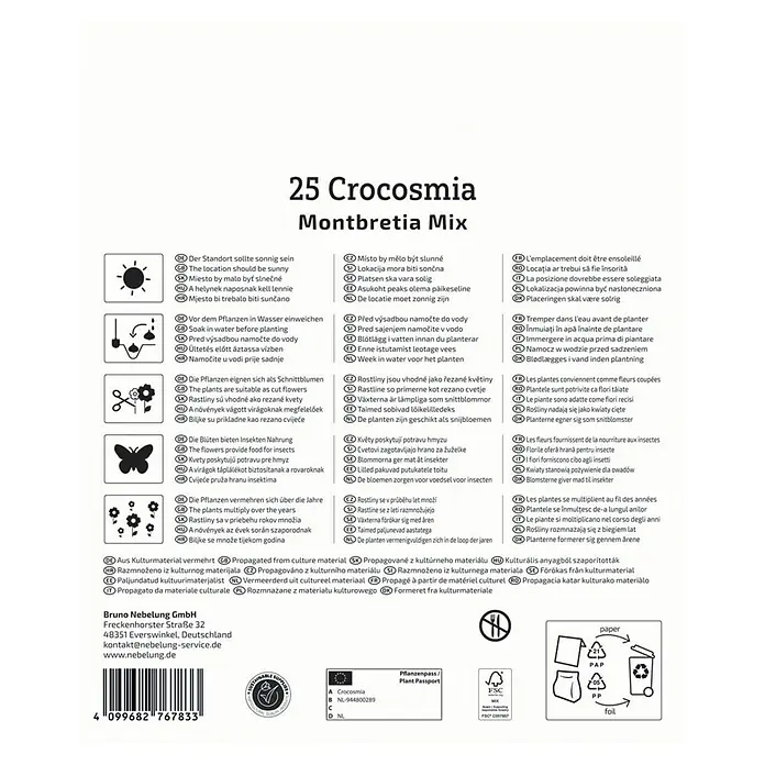 Kiepenkerl Blumensamenmischung Montbretien Mischung - Crocosmia crocosmiiflora, Mehrfarbig - Die Verpackung von 25 Crocosmia Montbretia Mix Blumenzwiebeln, ideal für sonnige Standorte und als Schnittblumen.