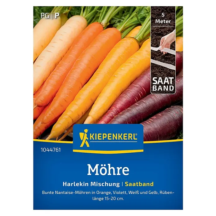 Kiepenkerl Gemüsesamen Möhre Harlekin Mischung, F1 - Daucus carota, Erntezeit: August - Samentüte "Möhre Harlekin Mischung" von Kiepenkerl mit bunten Nantaise-Möhren in Orange, Violett, Weiß und Gelb auf Saatband.