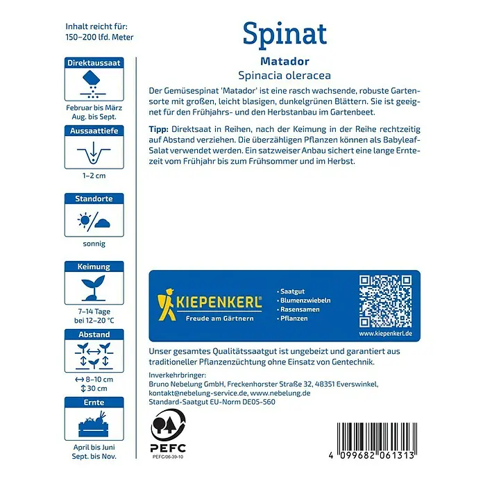 Kiepenkerl Gemüsesamen Spinat Matador - Spinacia oleracea, Erntezeit: April - Bild einer Spinat-Saatguttüte der Sorte 'Matador' von Kiepenkerl mit Anbauhinweisen.