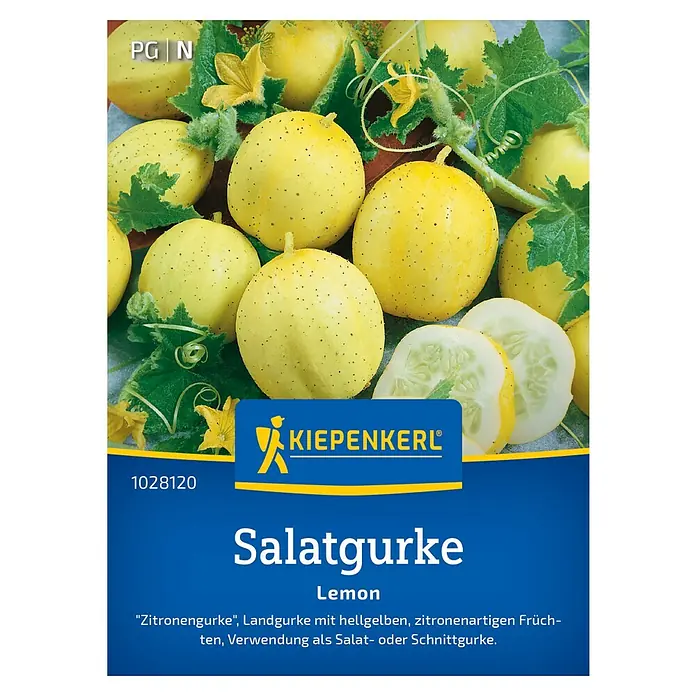 Kiepenkerl Gemüsesamen Salatgurke Lemon - Cucumis sativus, Erntezeit: Juni - Abbildung der Verpackung von "Salatgurke Lemon" Samen der Marke Kiepenkerl, mit reifen, runden, gelben Zitronengurken.