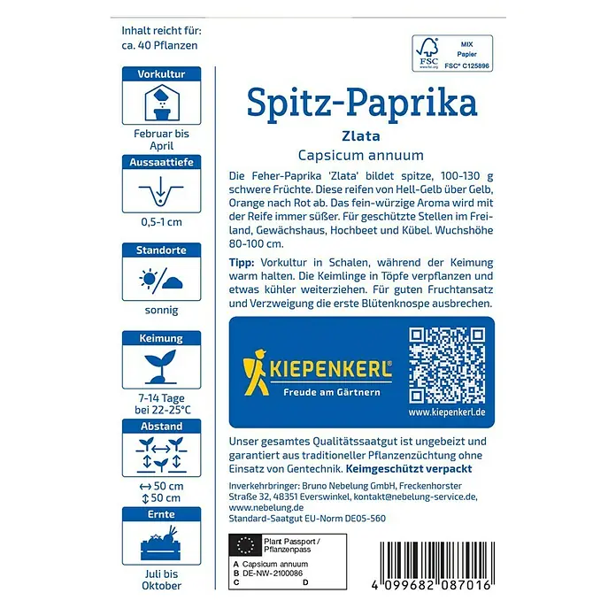 Kiepenkerl Paprika Zlata - Capsicum annuum, Erntezeit: Juli - Bild einer 'Zlata' Spitzpaprika-Samenpackung von Kiepenkerl, ideal für schmackhafte, spitz zulaufende Paprika im eigenen Garten.