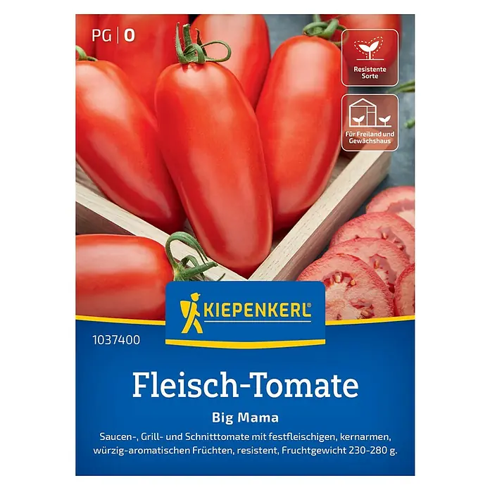 Kiepenkerl Gemüsesamen Fleisch-Tomate Big Mama - Solanum lycopersicum, Erntezeit: Juli - Samentüte mit dem Bild einer Fleisch-Tomate "Big Mama" von Kiepenkerl.