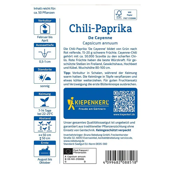 Kiepenkerl Chili De Cayenne -  - Abbildung der Chili-Paprika 'De Cayenne' Samenpackung von Kiepenkerl, mit Infos zu Anbau und Ernte.