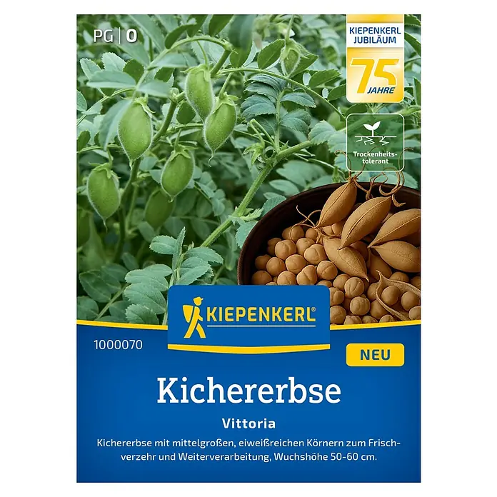 Kiepenkerl Gemüsesamen Kichererbse Vittoria - Cicer arietinum, Erntezeit: Juli - Abbildung der Kichererbse Vittoria von Kiepenkerl, einer Sorte mit mittelgroßen, eiweißreichen Körnern, ideal für den Frischverzehr.