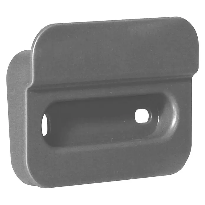 Standard-Mülleimer Spange für Einbau Avedore - Kunststoff, Grau - Nahaufnahme einer grauen Wandhalterung mit abgerundeten Kanten und zwei Bohrlöchern zur Befestigung an einer Wand oder Oberfläche.