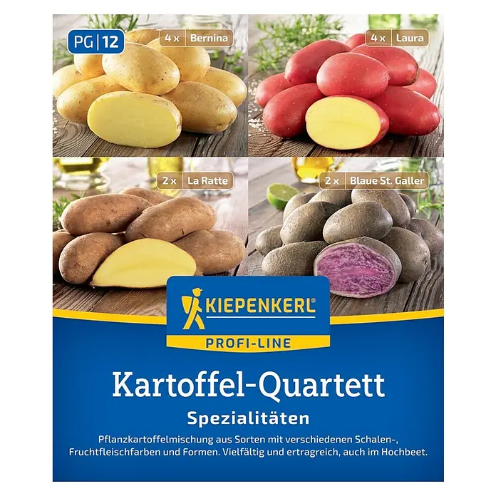 Kiepenkerl Profi-Line Pflanzkartoffeln Quartett - Solanum tuberosum, 12 Stk., Erntezeit: August - Kartoffel-Quartett "Kiepenkerl Profi-Line" mit vier verschiedenen Pflanzkartoffelsorten, ideal für den Anbau im Hochbeet.