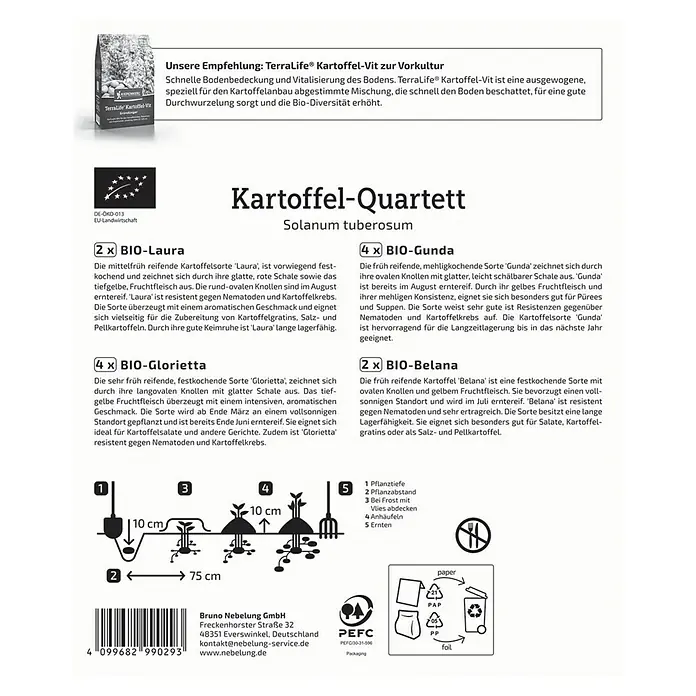 Kiepenkerl Bio Pflanzkartoffeln Quartett Bio Vielfalt - Solanum tuberosum, 12 Stk., Erntezeit: Juni - Kartoffel-Quartett Saatgutpackung von TerraLife® Kartoffel-Vit zur Vorkultur mit Informationen zu Sorten und Anbau.