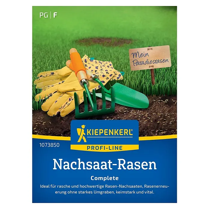 Kiepenkerl Profi-Line Nachsaat-Rasen Complete - 1 m² - 2 m² - Abbildung einer Packung Nachsaat-Rasen "Complete" von Kiepenkerl, ideal für die schnelle und hochwertige Rasenerneuerung ohne Umgraben.