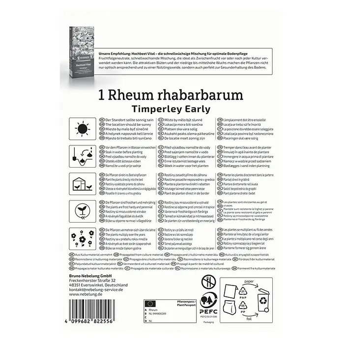 Kiepenkerl Gemüsesamen Rhabarber Timperley Early - Rheum rhabarbarum, Erntezeit: Mai - Produktbild mit Pflanzanweisungen für "1 Rheum rhabarbarum Timperley Early" zur optimalen Bodenpflege im Hochbeet.