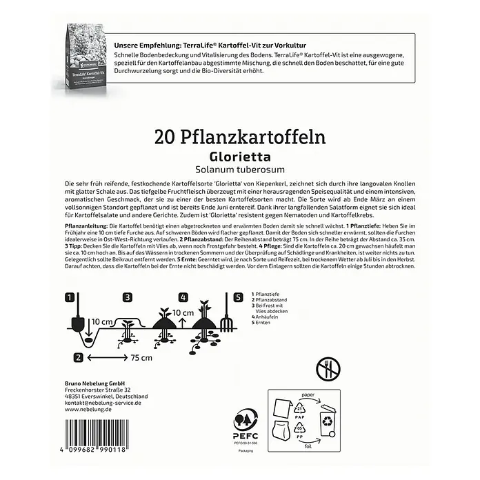 Kiepenkerl Pflanzkartoffeln Glorietta - Solanum tuberosum, 20 Stk., Erntezeit: Juni - Abbildung der Verpackung von 20 Glorietta Pflanzkartoffeln von TerraLife® Kartoffel-Vit zur Vorkultur mit Pflanzanleitung und Entsorgungshinweisen.