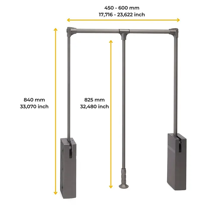 Emuca Kleiderstange Sway - Breitenverstellung: 450 mm - 600 mm, Titanium - Ausziehbarer Kleiderlift mit Maßen für Kleiderschränke. Ideal zur optimalen Nutzung des Stauraums.