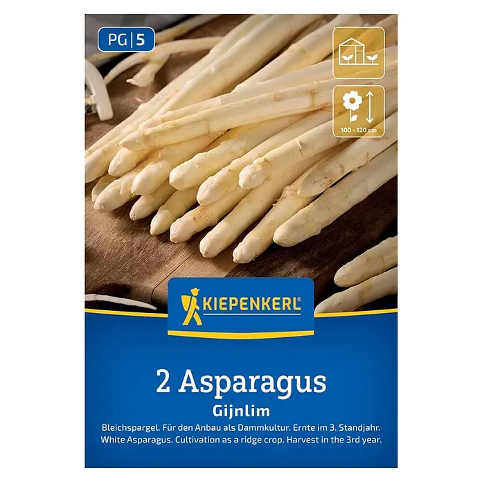 Kiepenkerl Gemüsesamen Bleichspargel Gijnlim - Asparagus officinalis, Erntezeit: Mai - Abbildung einer Packung weißer Spargelsamen der Sorte Gijnlim von Kiepenkerl.