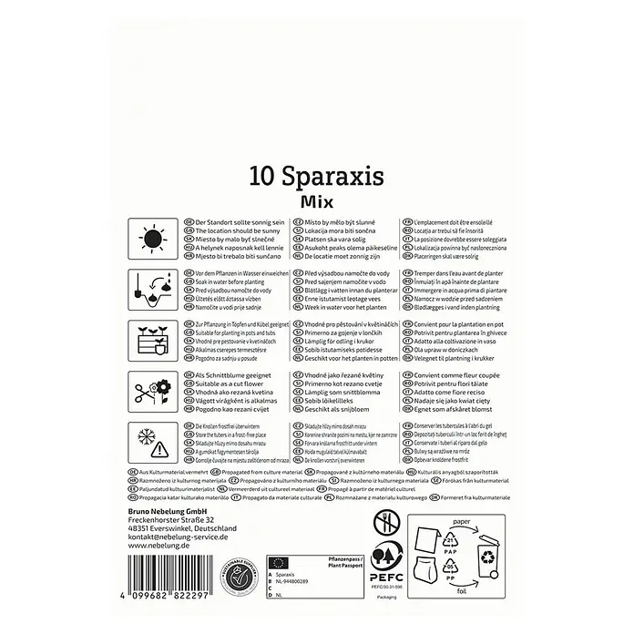 Kiepenkerl Blumensamenmischung Fransenschwertel-Mischung - Sparaxis tricolor, Mehrfarbig - Produktverpackung mit Anweisungen zur Aufzucht von 10 Sparaxis-Blumenzwiebeln, ideal für sonnige Standorte.
