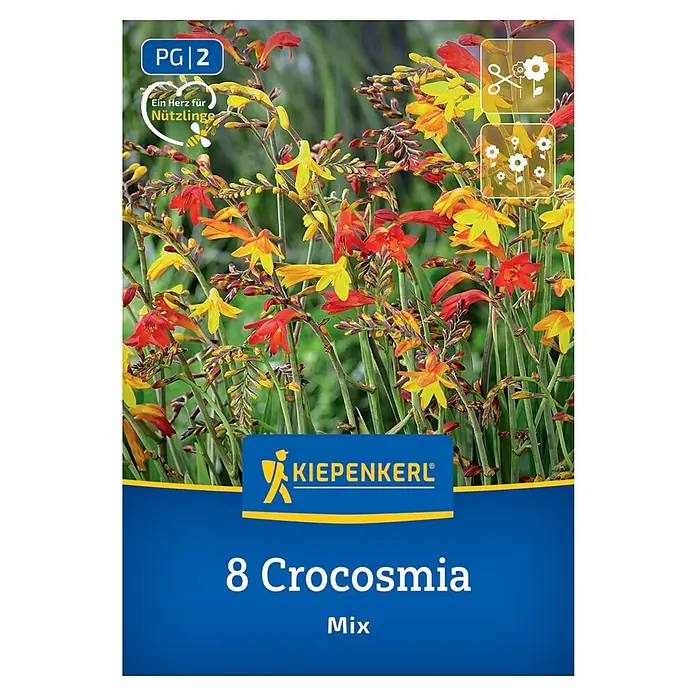 Kiepenkerl Blumensamenmischung Crocosmia kleinblumige Mischung - Crocosmia crocosmiiflora, Mehrfarbig - Bild einer 8 Crocosmia Mix-Blumenzwiebelpackung von Kiepenkerl, die orange und gelbe Blüten zeigt.