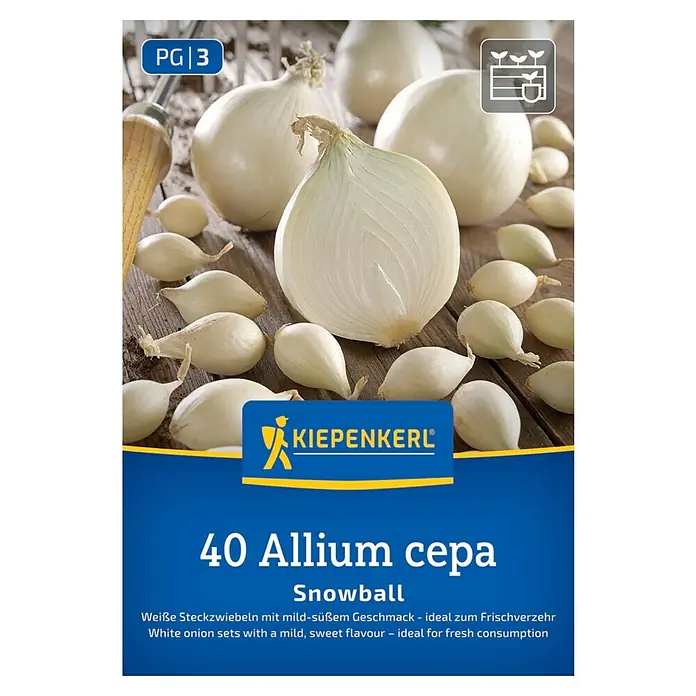 Kiepenkerl Steckzwiebeln Snowball Gr. 12/24 - Allium cepa, Erntezeit: Juli - Bild einer Packung '40 Allium cepa Snowball' Zwiebelsets von Kiepenkerl.