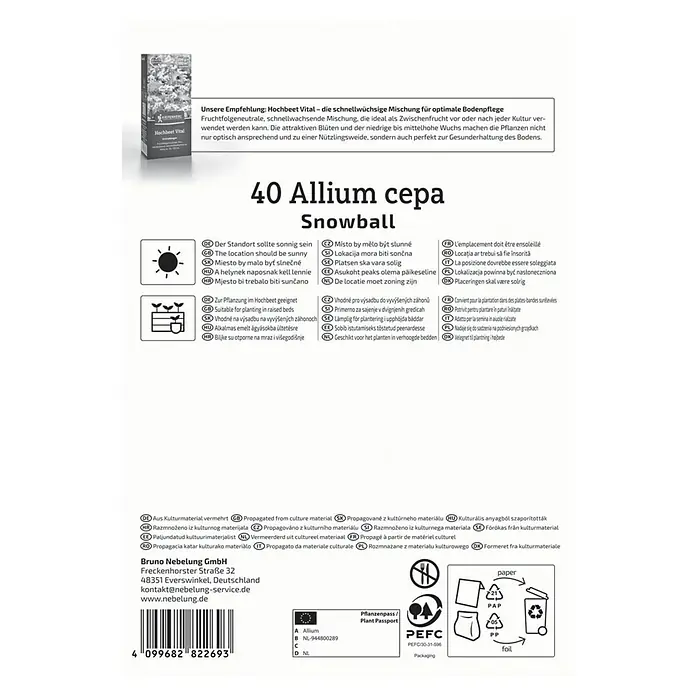 Kiepenkerl Steckzwiebeln Snowball Gr. 12/24 - Allium cepa, Erntezeit: Juli - Abbildung einer Verpackung mit 40 Allium cepa Snowball Samen, ideal für sonnige Standorte und Hochbeete.