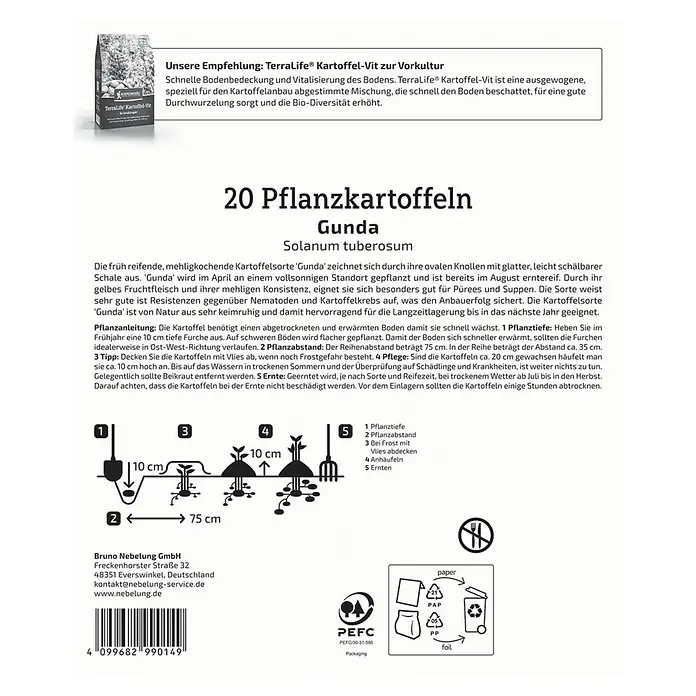Kiepenkerl Pflanzkartoffeln Gunda - Solanum tuberosum, 20 Stk., Erntezeit: August, Einjährig - Bild einer Saatguttüte mit Pflanzanleitung für die Pflanzkartoffeln 'Gunda', die eine gute Ernte versprechen.