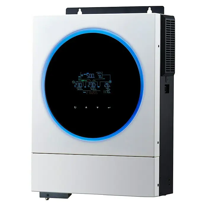 Inversor Axpert VM IV - 4.000 W, 230 V - Una imagen detallada de un inversor moderno con una pantalla luminosa que muestra información energética.