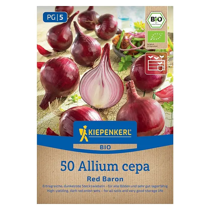 Kiepenkerl Bio Steckzwiebeln Red Baron, Gr. 10/21 - Allium cepa, Erntezeit: Juli - Bild einer Samenpackung für "Red Baron" Allium cepa, bekannt für hohe Erträge, dunkle, rote Zwiebeln und gute Lagerfähigkeit.