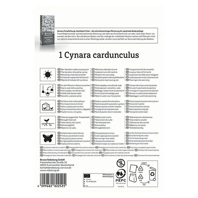 Kiepenkerl Artischocke - Cynara cardunculus, Erntezeit: August - Produktetikett für Cynara cardunculus Samen, mit Anweisungen zu Anbau, Standort und Pflege für optimale Ergebnisse.