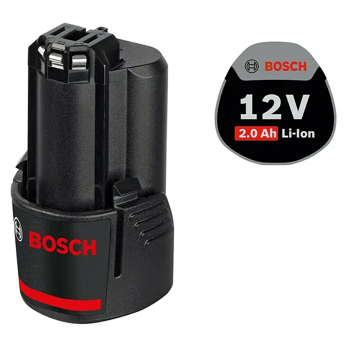 Bosch Professional Akku GBA 12V - 12 V, Li-Ionen, 2 Ah - Eine 12V 2.0 Ah Li-Ion Batterie von Bosch. Sie ist schwarz mit roter Beschriftung und ideal für Elektrowerkzeuge.