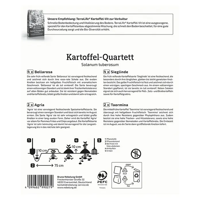 Kiepenkerl Profi-Line Pflanzkartoffeln Quartett Reifezeit - Solanum tuberosum, 12 Stk., Erntezeit: Juli - Abbildung einer Kartoffel-Quartett-Produktverpackung, die verschiedene Kartoffelsorten und Anbauhinweise zeigt, ideal für den Gartenbau.