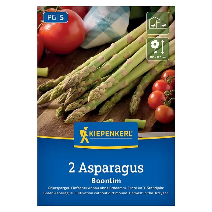 Kiepenkerl Gemüsesamen Grünspargel Boonlim - Asparagus officinalis, Erntezeit: Mai - Abbildung der Verpackung von Kiepenkerl 2 Asparagus Boonlim-Samen, einer Grünspargelsorte für den Anbau ohne Erddamm.