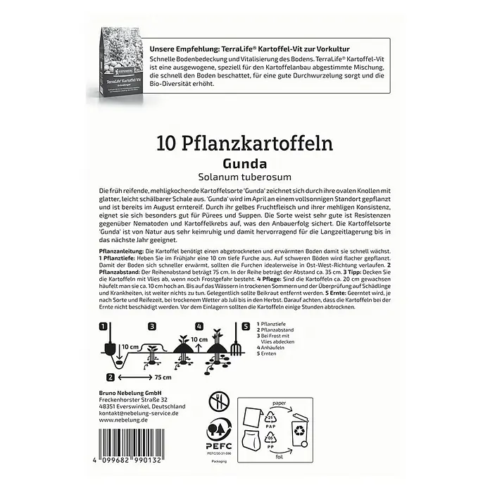 Kiepenkerl Pflanzkartoffeln Gunda - Solanum tuberosum, 10 Stk., Erntezeit: August - Pflanzkartoffeln der Sorte 'Gunda', Solanum tuberosum, mit Hinweisen zur Pflanzung, zum Abstand und zur Pflege für eine erfolgreiche Ernte.