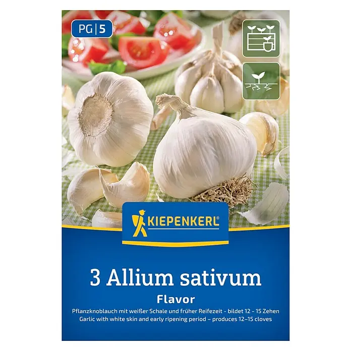 Kiepenkerl Knoblauch Flavor - Allium sativum - Bild einer Packung Knoblauchzehen der Sorte 'Allium sativum Flavor' von Kiepenkerl, ideal für den Anbau im eigenen Garten.