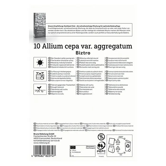 Kiepenkerl Profi-Line Steckzwiebeln Schalotte Biztro, Gr. 7/15 - Allium cepa, Erntezeit: Juli - Abbildung einer Verpackung von "10 Allium cepa var. aggregatum Biztro", einer idealen Mischung für optimale Bodenpflege.