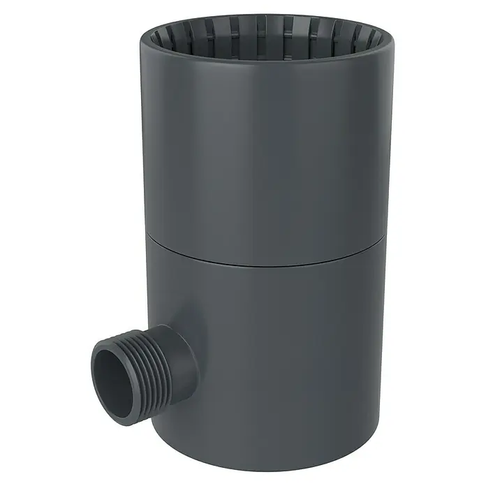 FunkeGruppe Regensammler - Nennweite: 75 mm, Anthrazit - Graue Kunststoff-Ablaufgarnitur mit seitlichem Abgang. Das Produkt ist ideal für Waschbecken und Spülen mit geringem Platzbedarf.