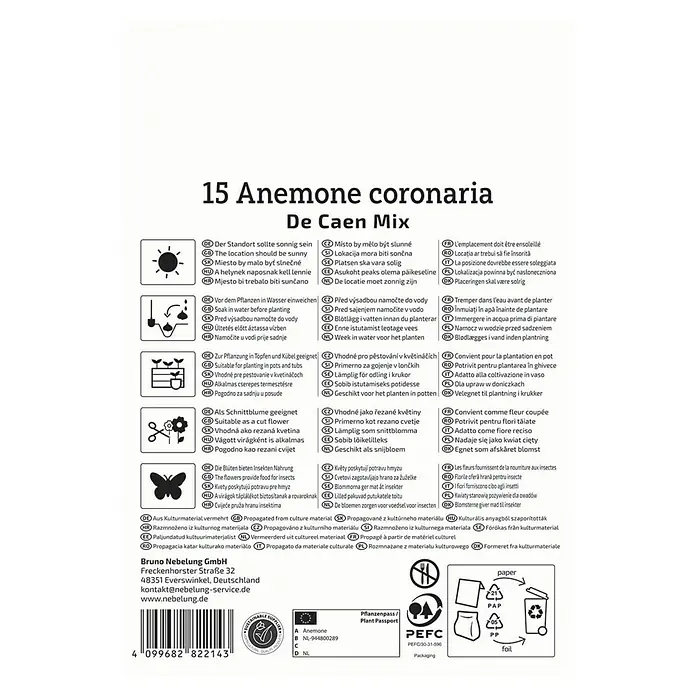 Kiepenkerl Blumensamenmischung Kronenanemone De Caen Mischung - Anemone coronaria, Mehrfarbig - 15 Anemone coronaria De Caen Mix-Produktverpackung mit Pflanzanweisungen, Gartentipps und Informationen zur umweltfreundlichen Verpackung.