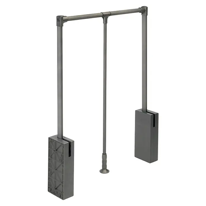 Emuca Kleiderstange Sway - Breitenverstellung: 450 mm - 600 mm, Titanium - Bild eines höhenverstellbaren Kleiderlifts aus Metall, der für mehr Komfort in Kleiderschränken sorgt. Die Konstruktion ist stabil und langlebig.