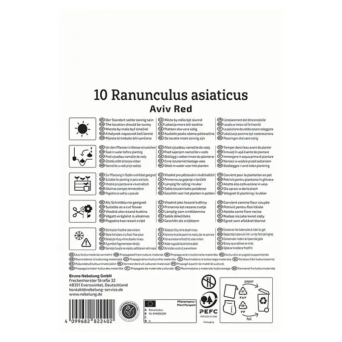 Kiepenkerl Blumensamenmischung Ranunculus Aviv Red - Ranunculus - Produktinformationen für 10 Ranunculus asiaticus Aviv Red, einschließlich Standort, Bewässerung und Pflanzanweisungen.