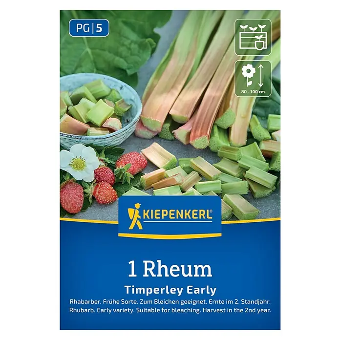 Kiepenkerl Gemüsesamen Rhabarber Timperley Early - Rheum rhabarbarum, Erntezeit: Mai - Abbildung einer 'Timperley Early' Rhabarber-Samenpackung der Marke Kiepenkerl mit geschnittenen Stielen, Erdbeeren und Blüte.