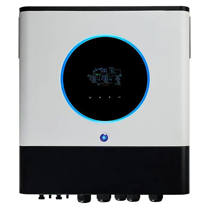 Inversor Axpert MAX - 230 V, L x An x Al: 15,84 x 50,36 x 53,08 cm - Primer plano de un inversor solar con una pantalla que muestra varios datos, rodeado por un anillo azul.