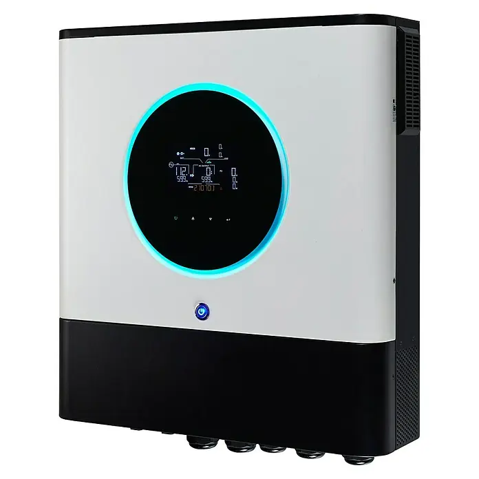 Inversor Axpert MAX - 230 V, L x An x Al: 15,84 x 50,36 x 53,08 cm - Primer plano de un inversor con una pantalla redonda con un borde azul. El inversor es blanco con una base negra.