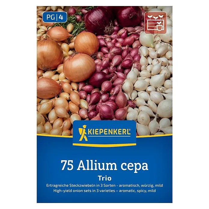 Kiepenkerl Steckzwiebeln Trio - Allium cepa, Erntezeit: Juli - Das Bild zeigt eine Packung mit 75 Allium cepa Trio Zwiebeln, die eine Mischung aus aromatischen, würzigen und milden Sorten enthält.