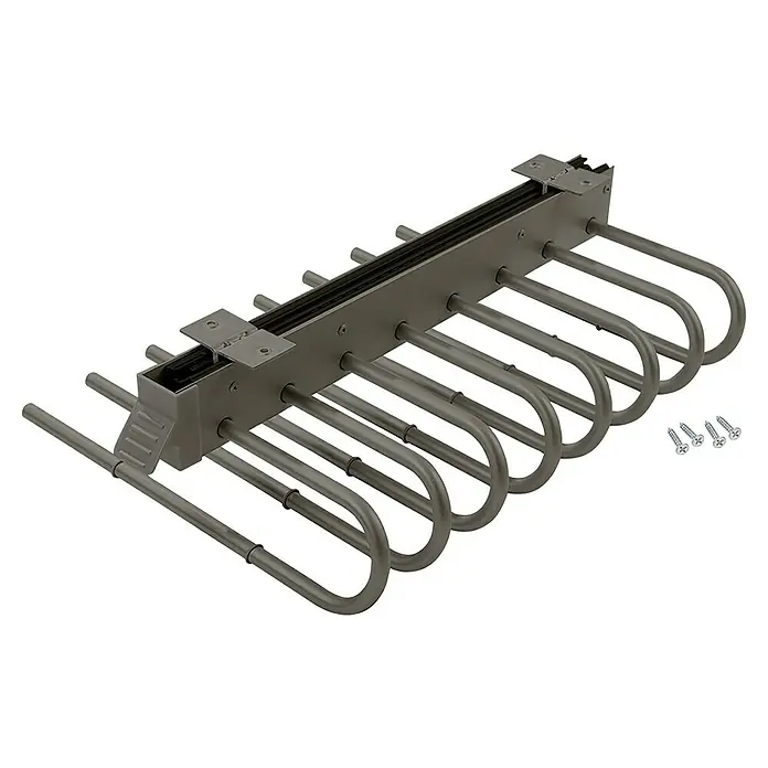 Emuca Hosenauszug - L x B x H: 35 x 49,8 x 12,4 cm, Rechts, Grau metallic - Auszug für Kleiderbügel mit mehreren Bügeln und vier Schrauben. Der Kleiderbügelhalter ist aus Metall und für Hosen gedacht.