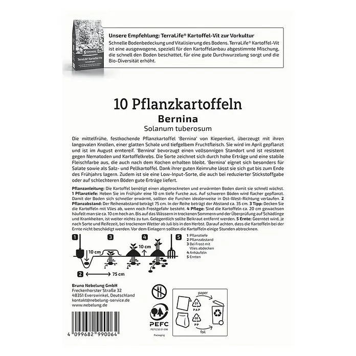 Kiepenkerl Profi-Line Pflanzkartoffeln Bernina - Solanum tuberosum, 10 Stk., Erntezeit: August - Abbildung der Pflanzanleitung für 10 Pflanzkartoffeln Bernina Solanum tuberosum, die die Pflanztiefe, den Pflanzabstand und die Pflege erklärt.