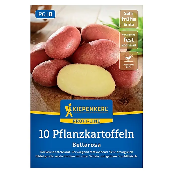 Kiepenkerl Profi-Line Pflanzkartoffeln Bellarosa - Solanum tuberosum, 10 Stk., Erntezeit: Juni - Eine Packung „Bellorosa“-Pflanzkartoffeln der Marke „Kiepenkerl“ mit rotschaligen und gelbfleischigen Kartoffeln.