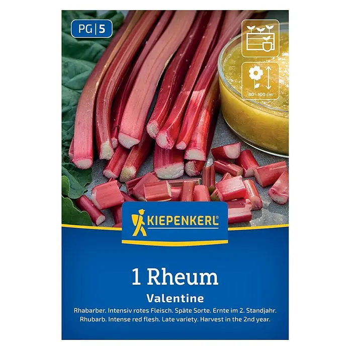 Kiepenkerl Gemüsesamen Rhabarber Valentine - Rheum rhabarbarum, Erntezeit: Mai - Bild einer Packung mit 'Valentine' Rhabarber-Samen von Kiepenkerl, die saftige, rote Stängel und Zubereitungsvorschläge zeigt.