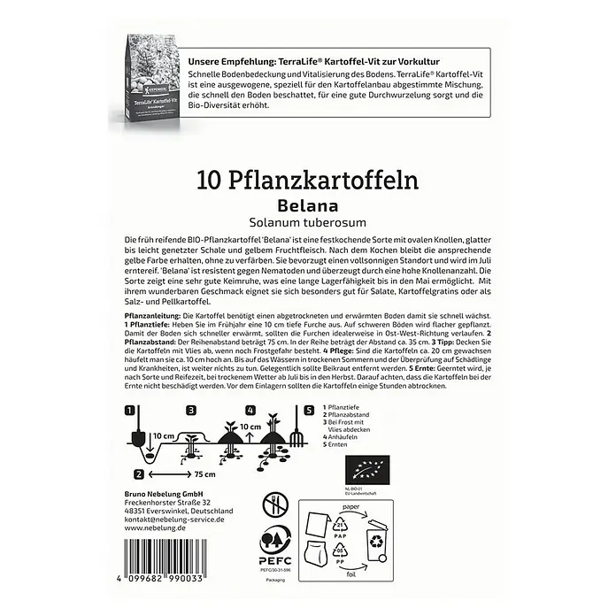 Kiepenkerl Bio Pflanzkartoffeln Belana - Solanum tuberosum, 10 Stk., Erntezeit: August - Belana Pflanzkartoffeln: Eine frühe, festkochende Sorte mit ovalen Knollen und gelbem Fruchtfleisch für den Anbau im eigenen Garten.