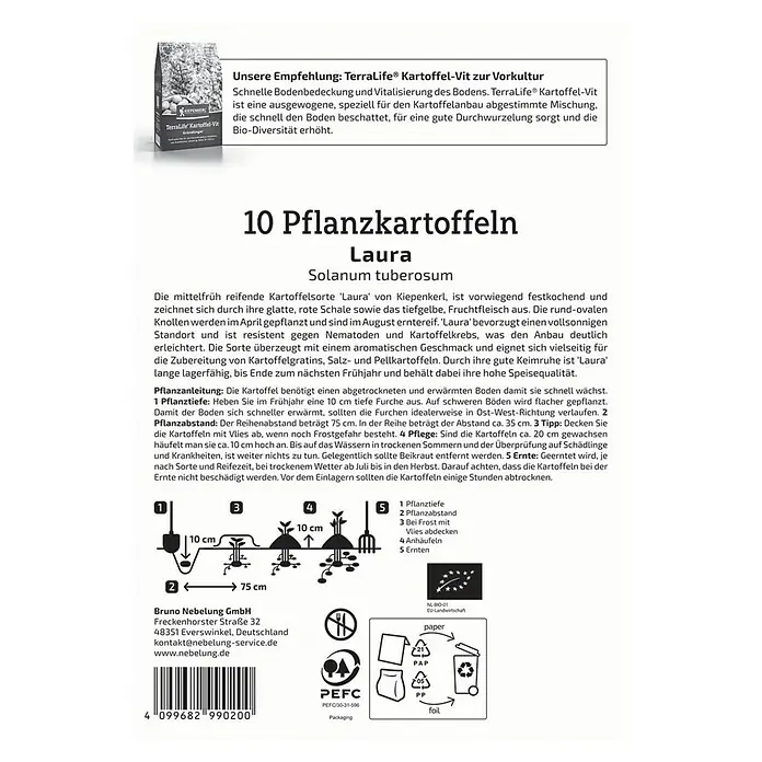Kiepenkerl Bio Pflanzkartoffeln - Solanum tuberosum, 10 Stk., Erntezeit: August - Bild einer Verpackung Pflanzkartoffeln Laura, die Anweisungen zur Pflanztiefe und zum Abstand enthält, um eine erfolgreiche Ernte zu erzielen.