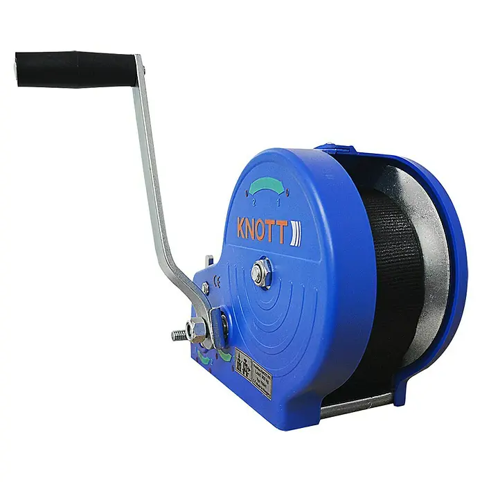 Gurtbandwinde - Zugkraft: 900 kg, Gurtband mit Haken, 2-Gang - Das Bild zeigt eine blaue Knott-Handseilwinde, ein robustes Werkzeug zum sicheren Heben und Ziehen von Lasten.